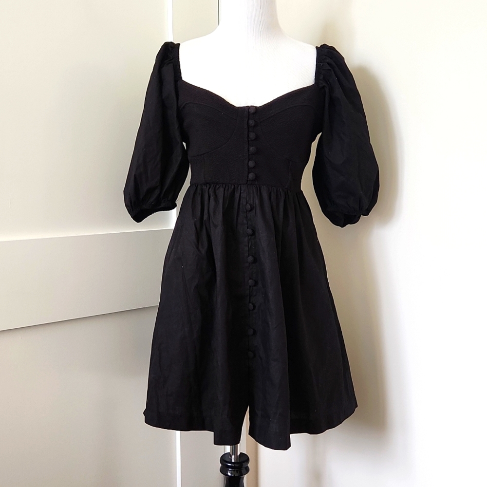 NWT Anthropologie Black puffy sleeve baby doll mini dress. Size S.